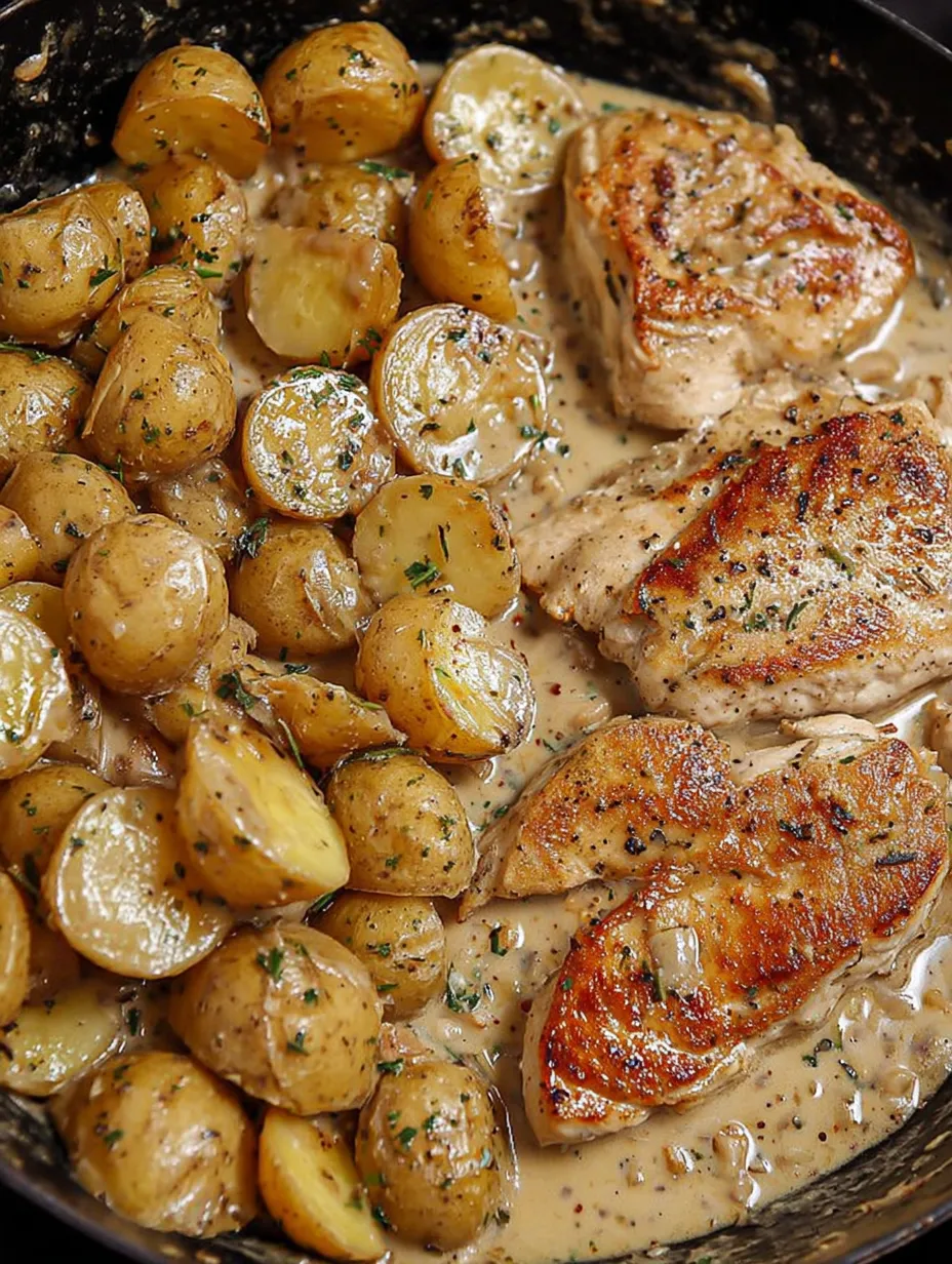 A dish of chicken and potatoes with a dijon sauce.