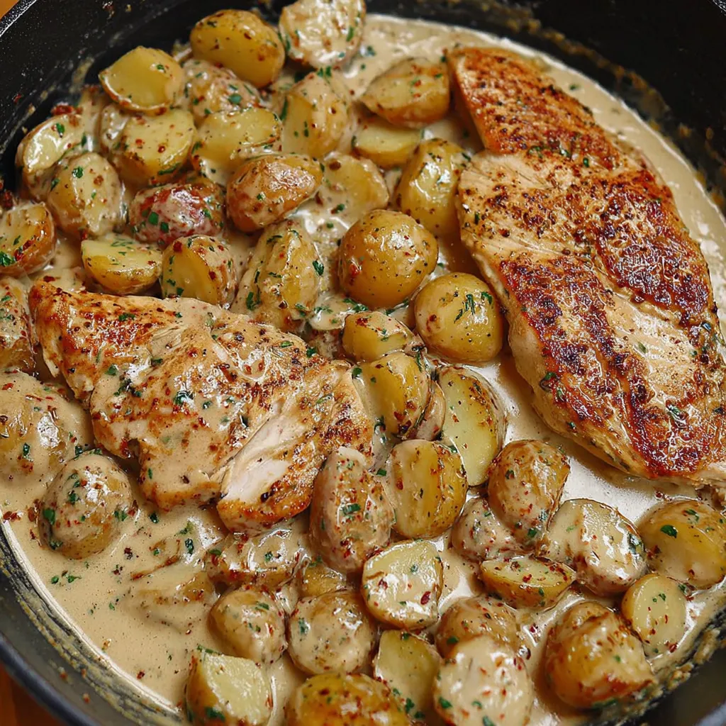 A dish of chicken and potatoes in a bowl.