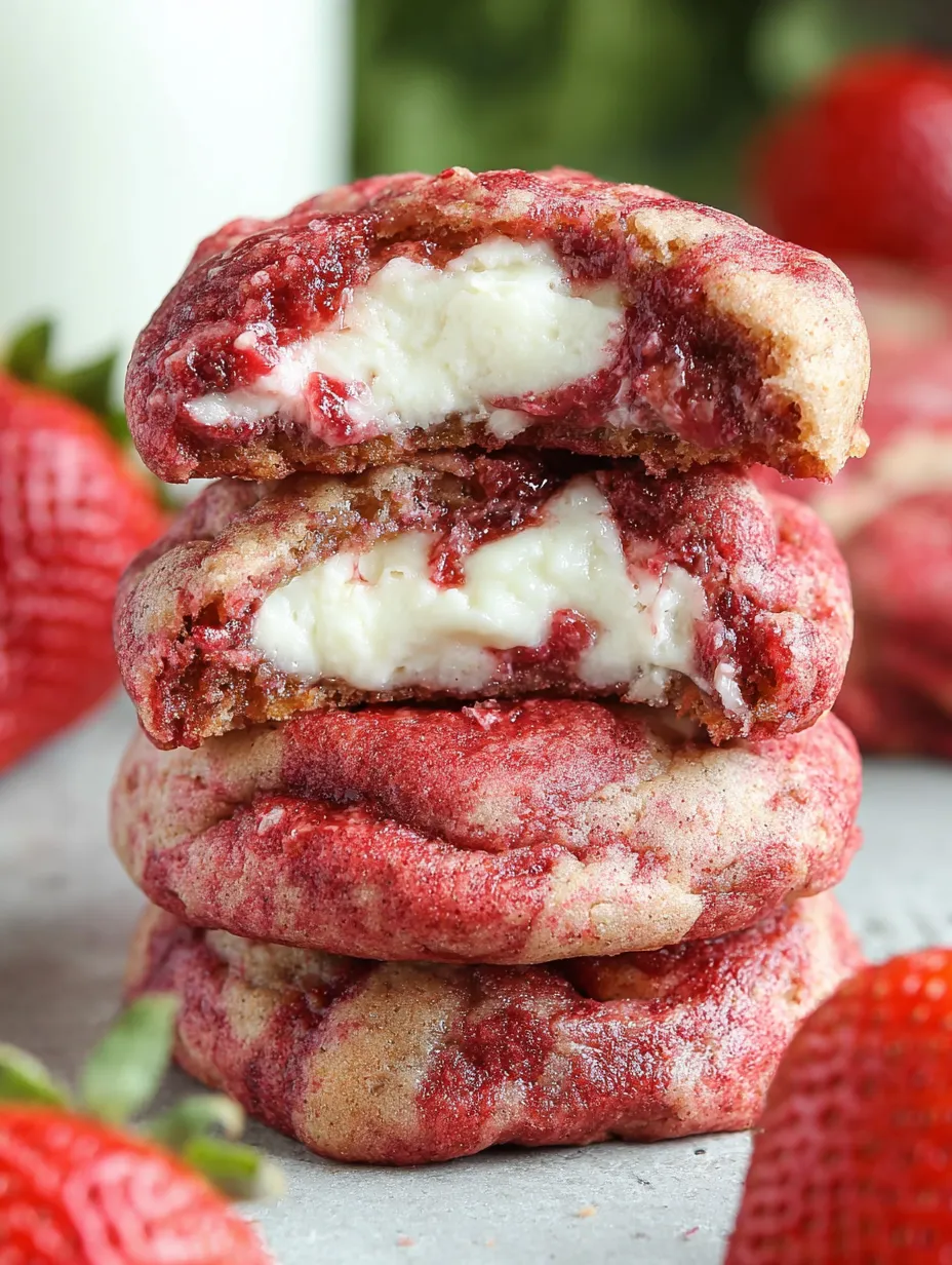 A stack of red strawberry cheesecake cookies.