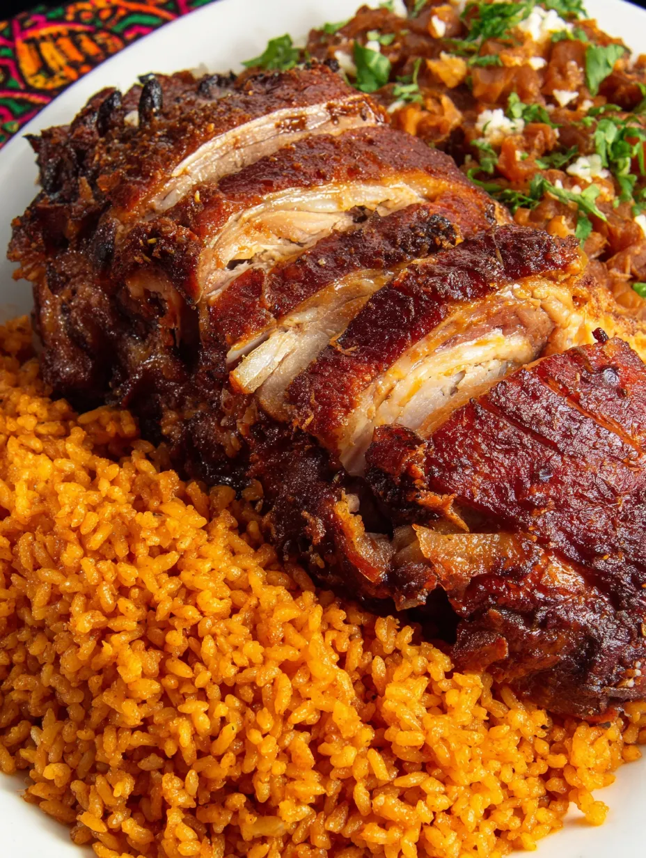 A plate of food with a pork roast and rice.