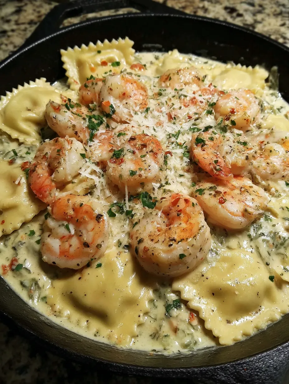 A dish of creamy shrimp ravioli.