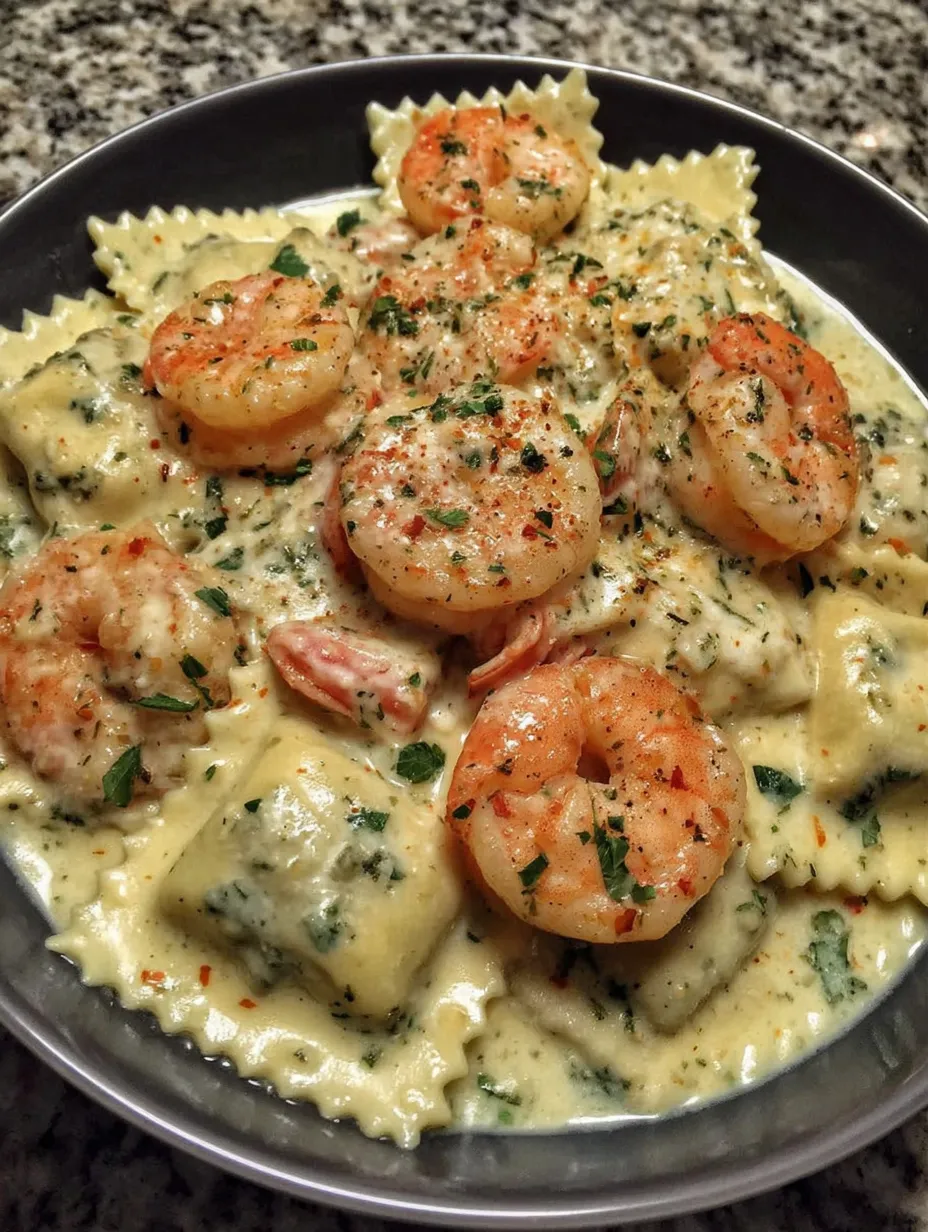 A plate of creamy shrimp ravioli.
