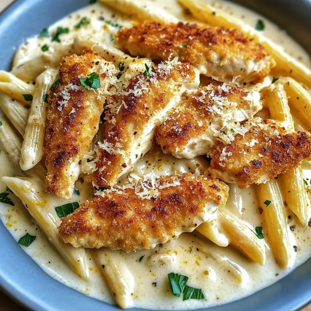 A plate of chicken and pasta.