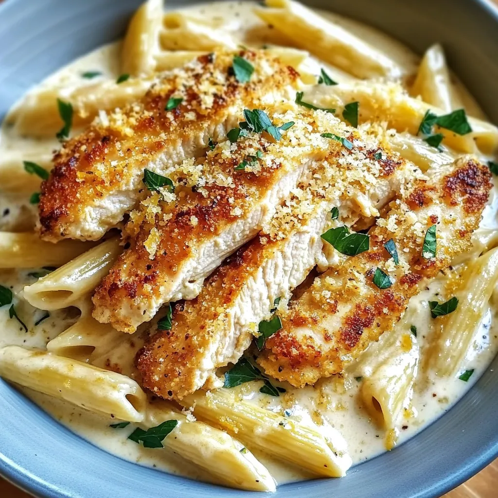A bowl of pasta with chicken and herbs.