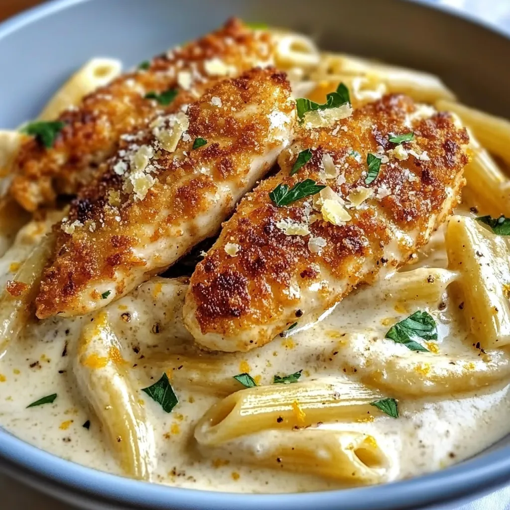 A bowl of pasta with chicken and cheese.