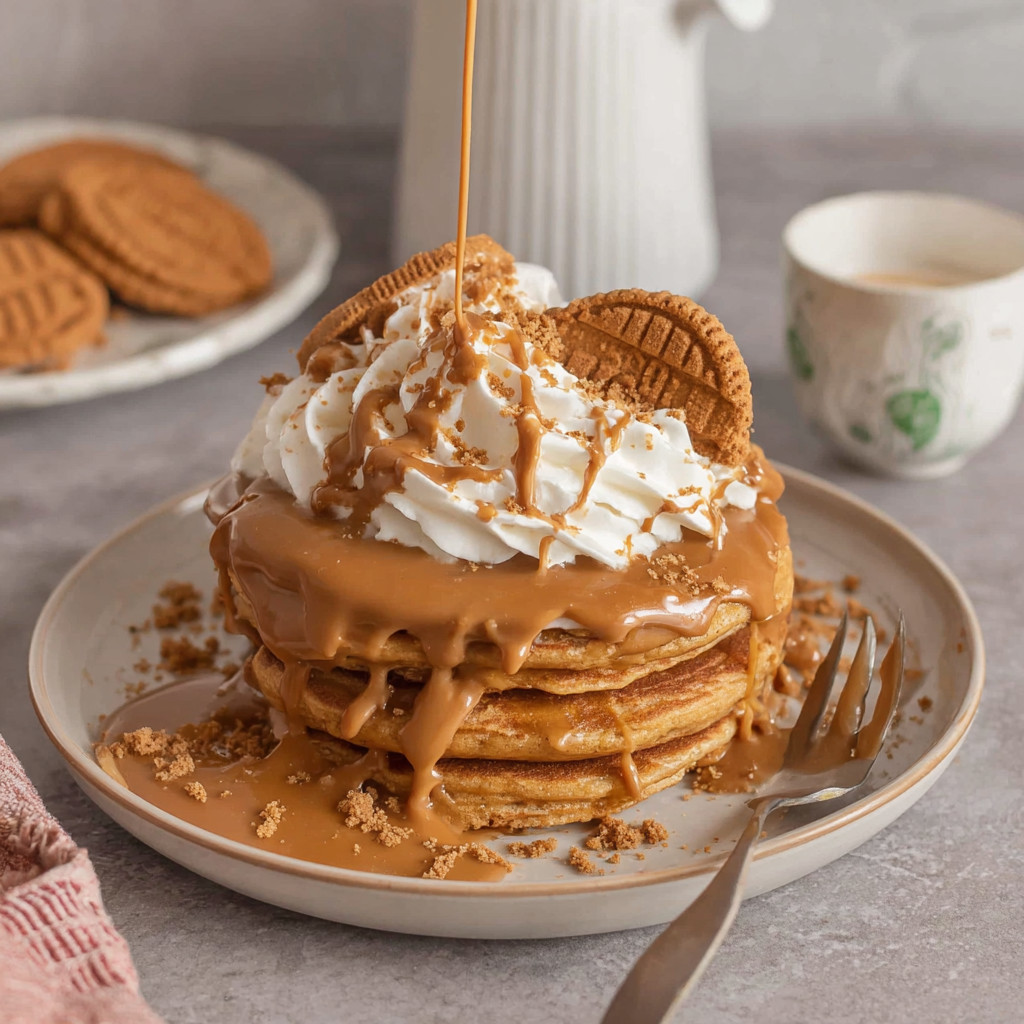 Biscoff pancakes with whipped cream and caramel drizzle.