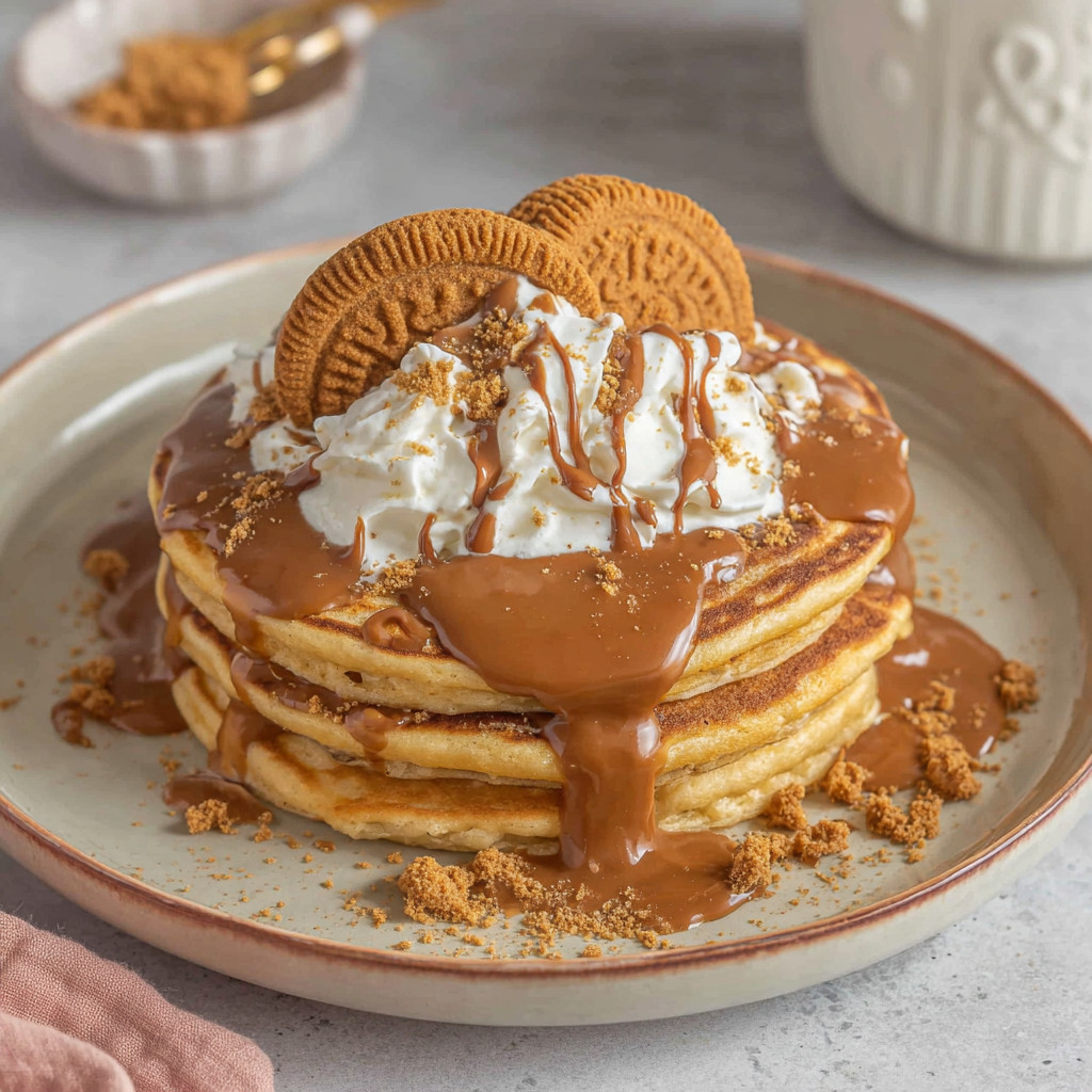 A plate of Biscoff pancakes with caramel sauce drizzled on top.