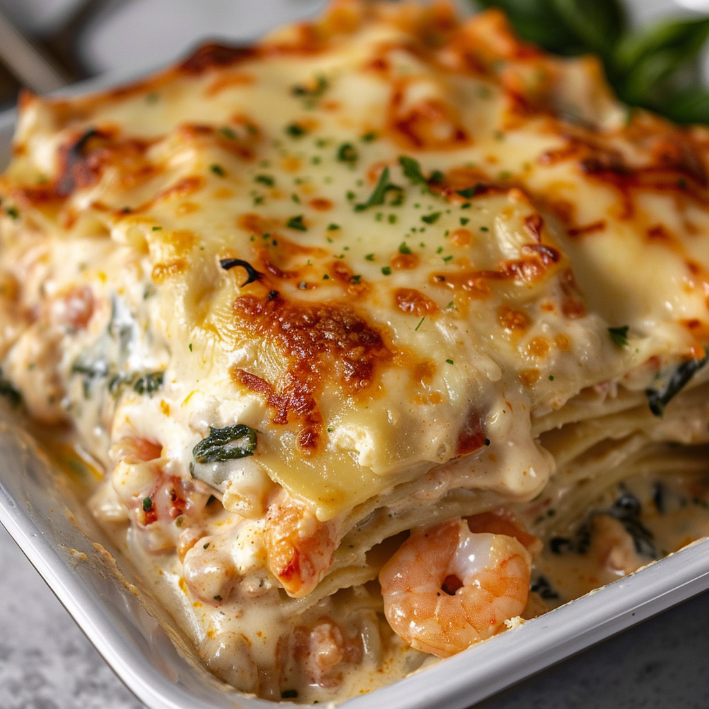 A seafood lasagna recipe is displayed in a white bowl.