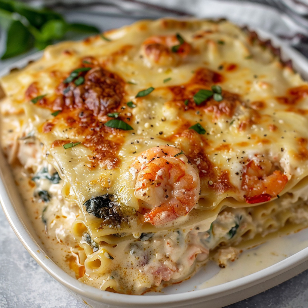A seafood lasagna recipe with a white plate.