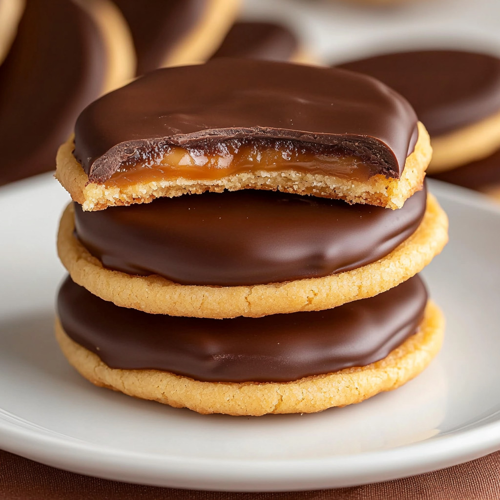 A stack of chocolate cookies with caramel filling.