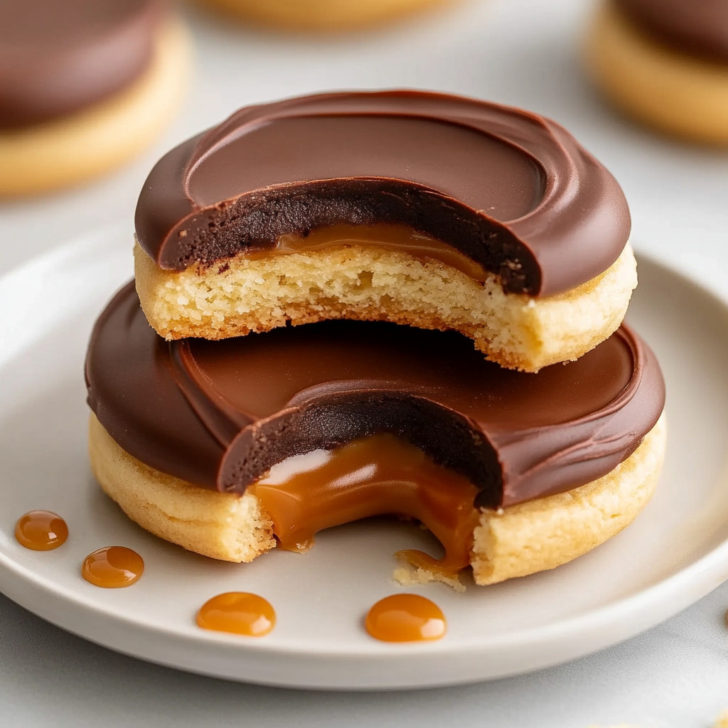 Two chocolate-covered caramel-filled shortbread cookies.