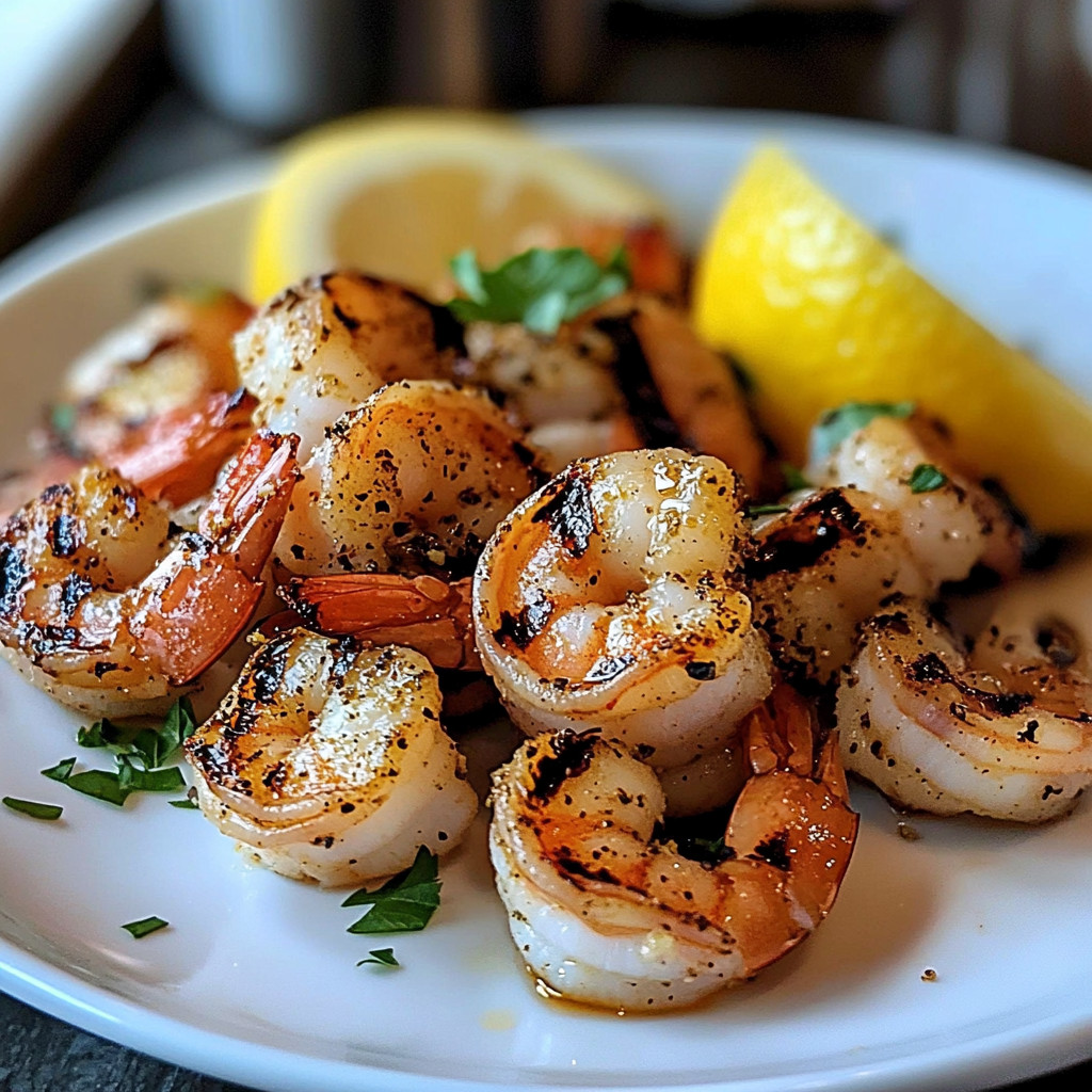 A plate of grilled shrimp with garlic and lemon.