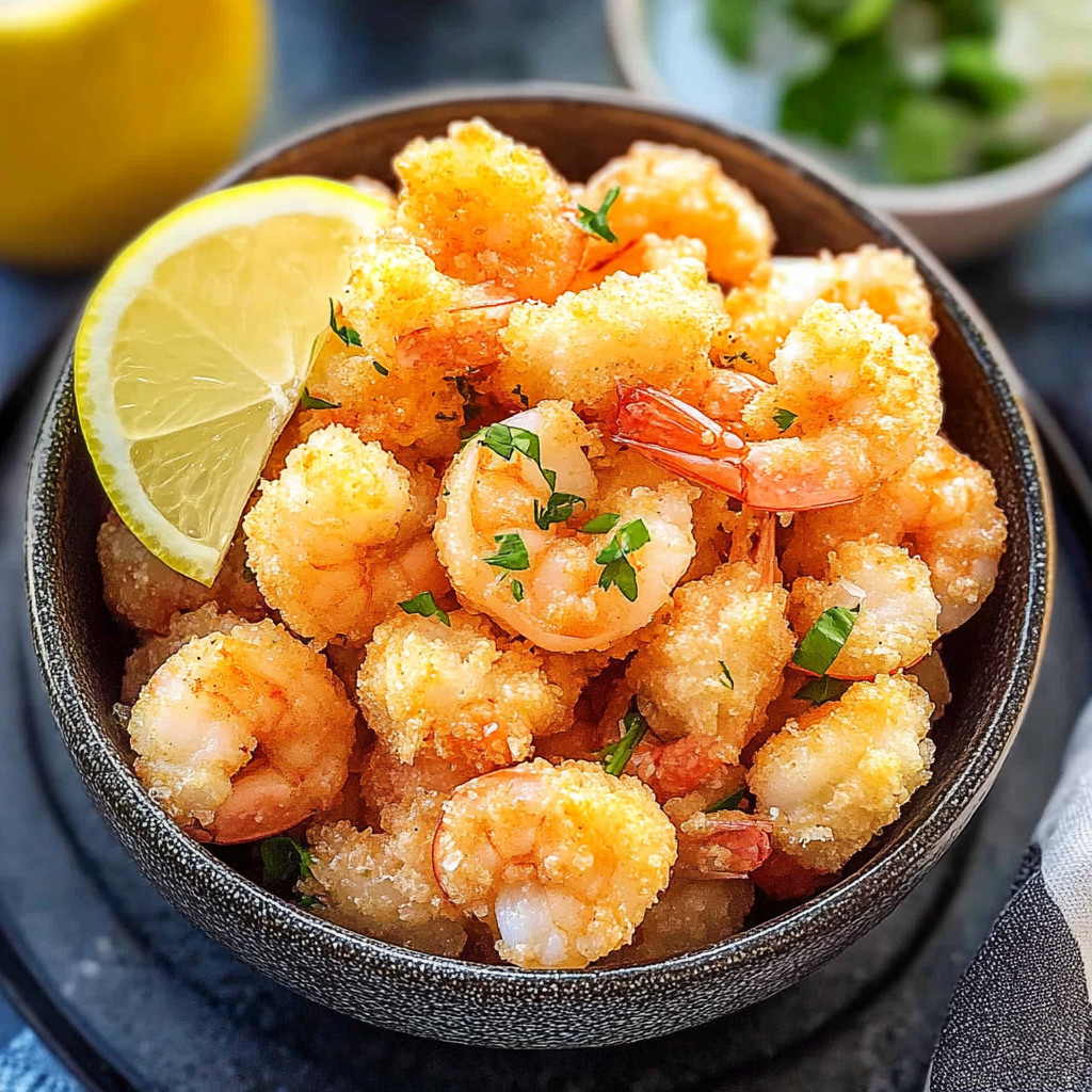 A bowl of shrimp with lemon and herbs.