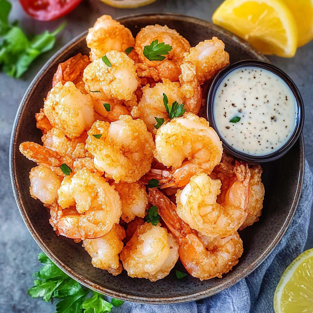 A bowl of shrimp with lemon and a dipping sauce.