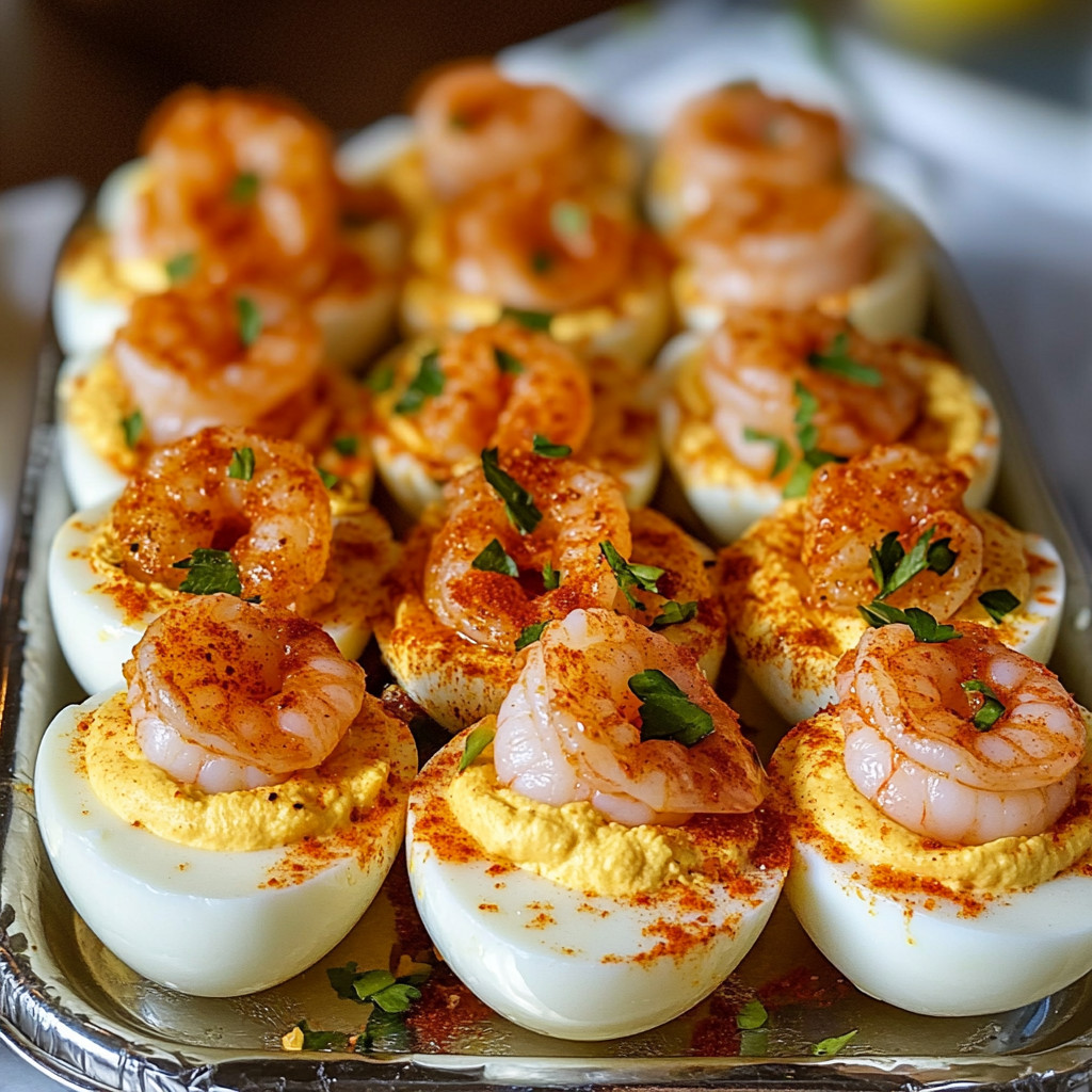 A tray of Cajun Shrimp Deviled Eggs.