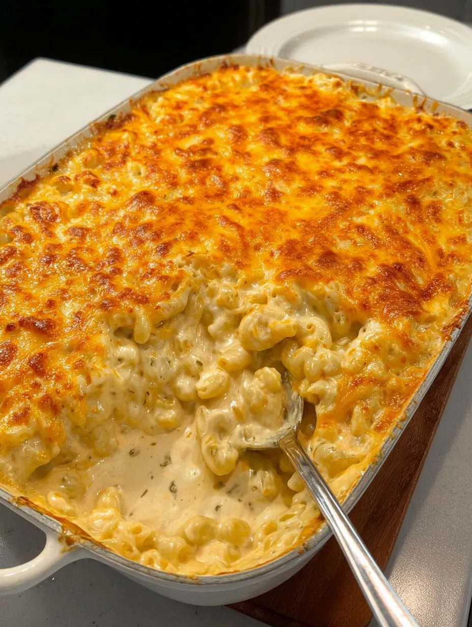 A close up of a creamy mac and cheese dish.