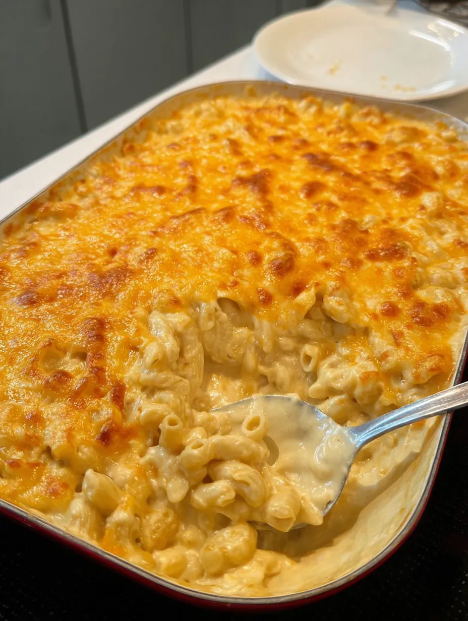 A pan of creamy mac and cheese.