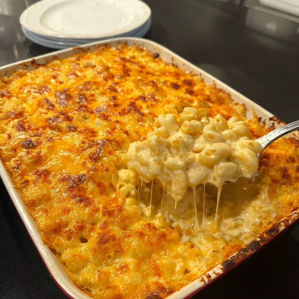 A dish of creamy mac and cheese.