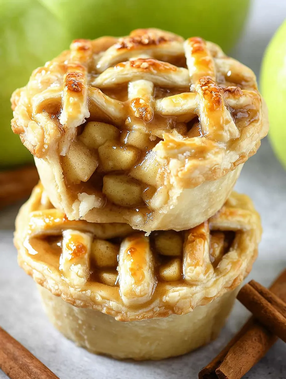 Three mini apple pies stacked on top of each other.