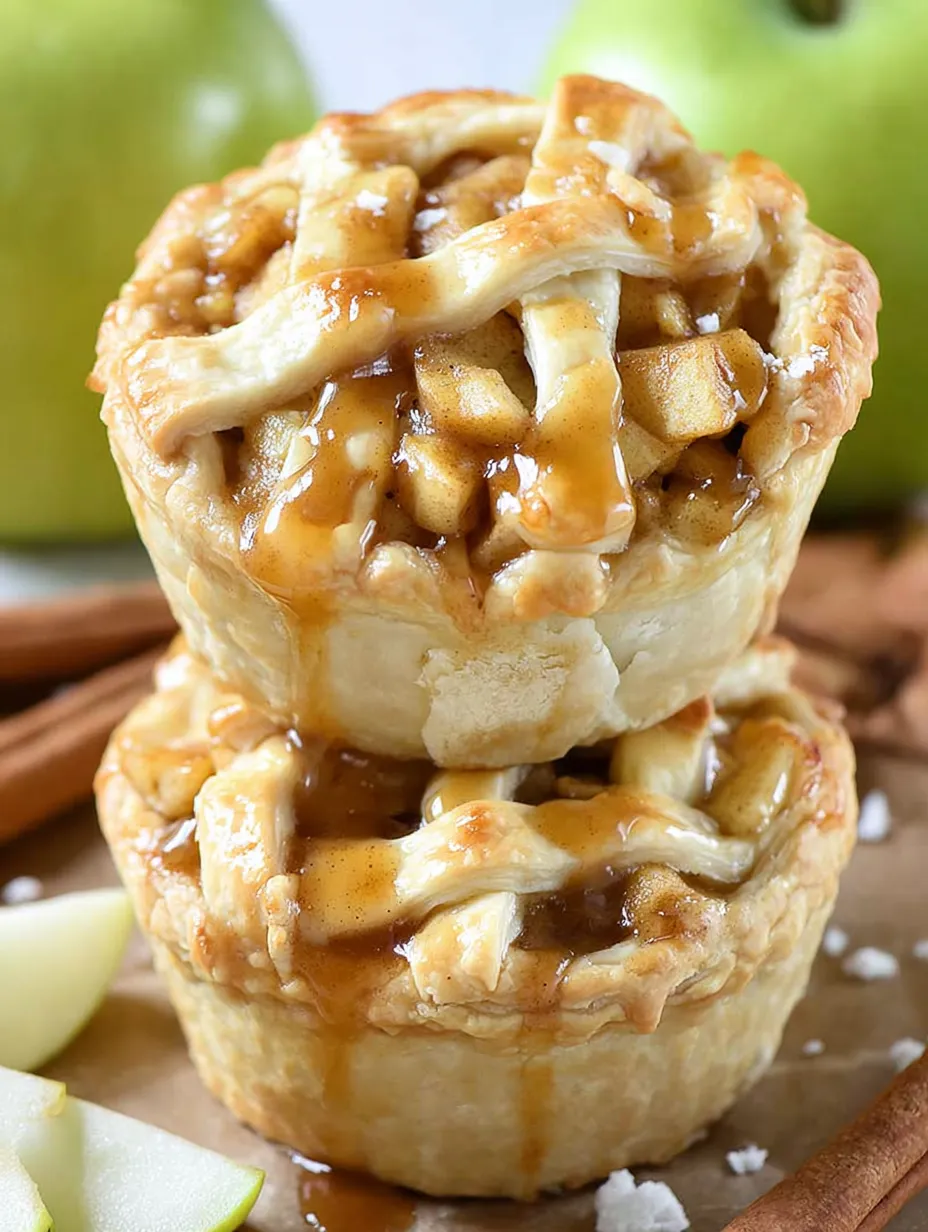 Two mini apple pies with caramel sauce.
