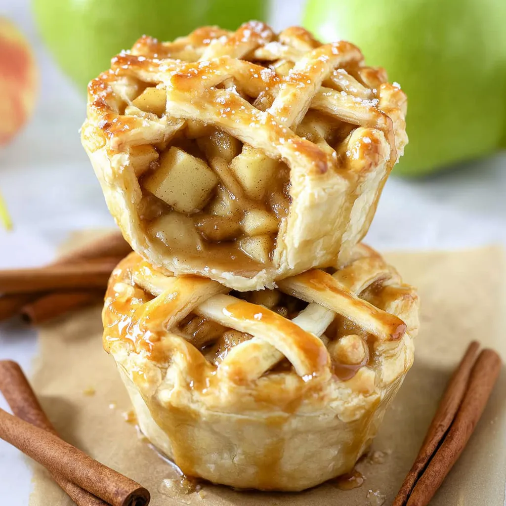 Two mini apple pies with caramel sauce.