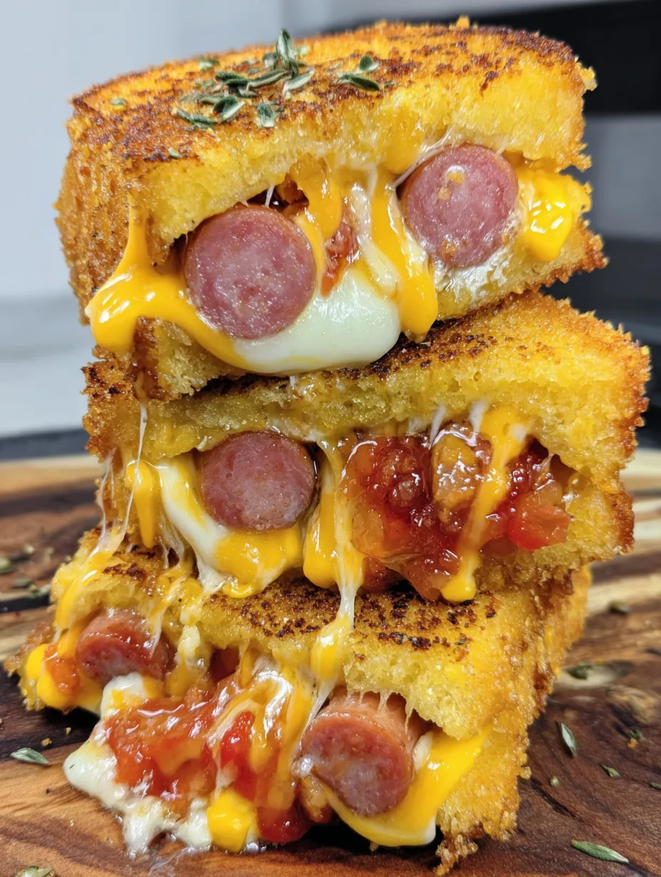 A stack of grilled cheese sandwiches with hot dogs in the middle.