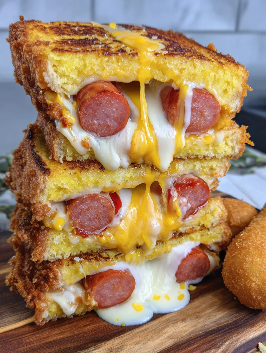 A stack of grilled cheese sandwiches with hot dogs in the middle.