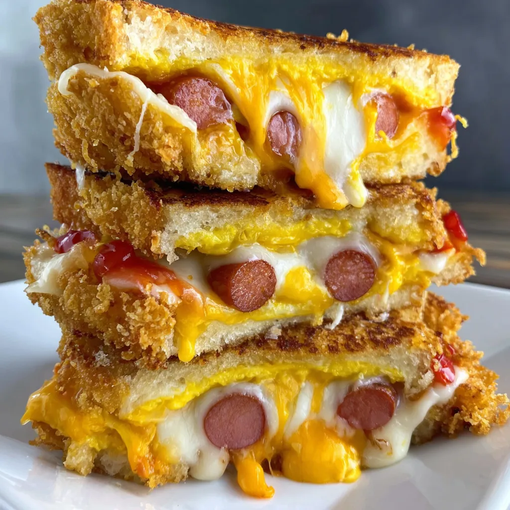 A stack of grilled cheese sandwiches with hot dogs in the middle.
