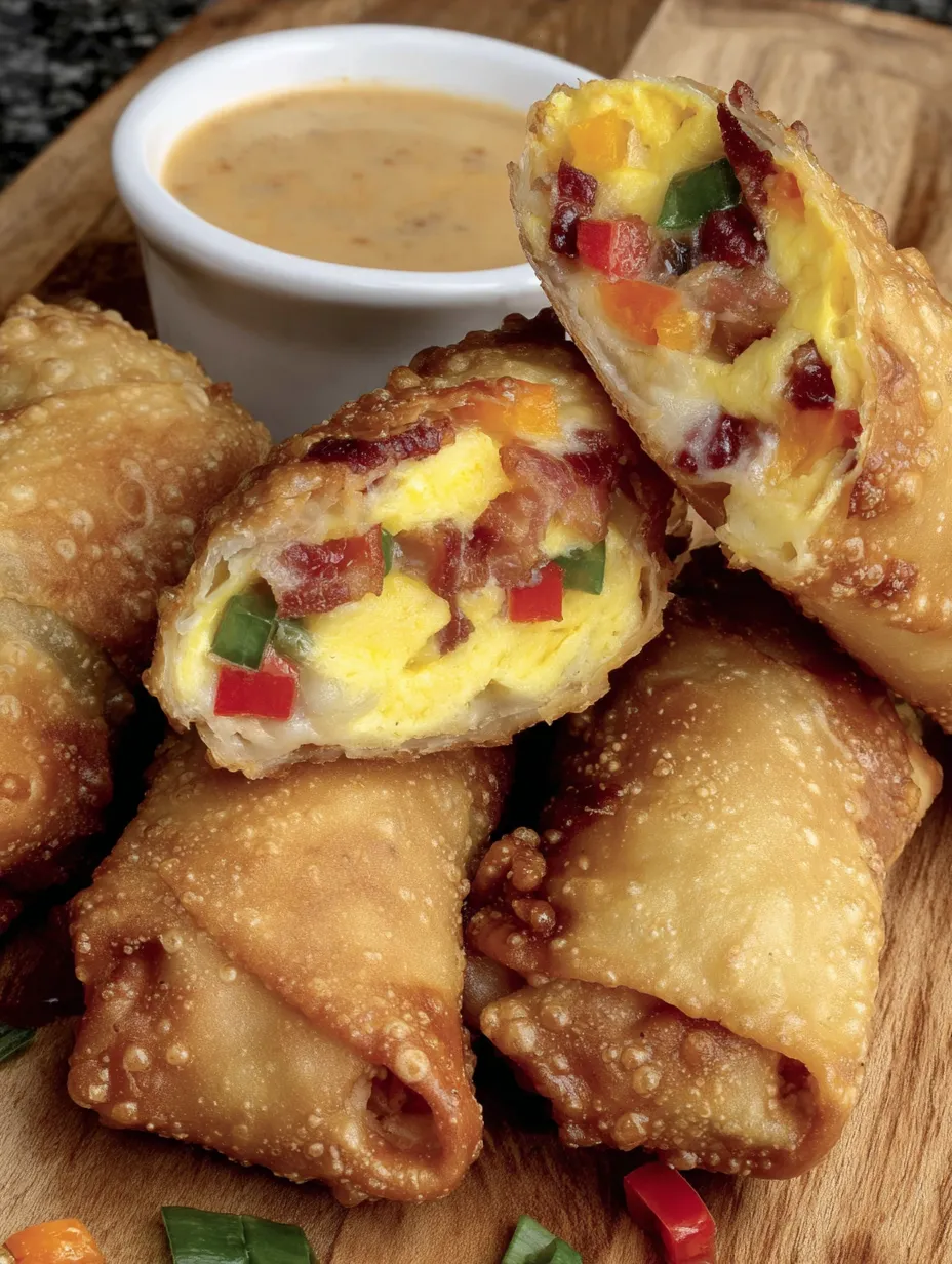 Bacon, egg, and cheese egg rolls on a wooden table.