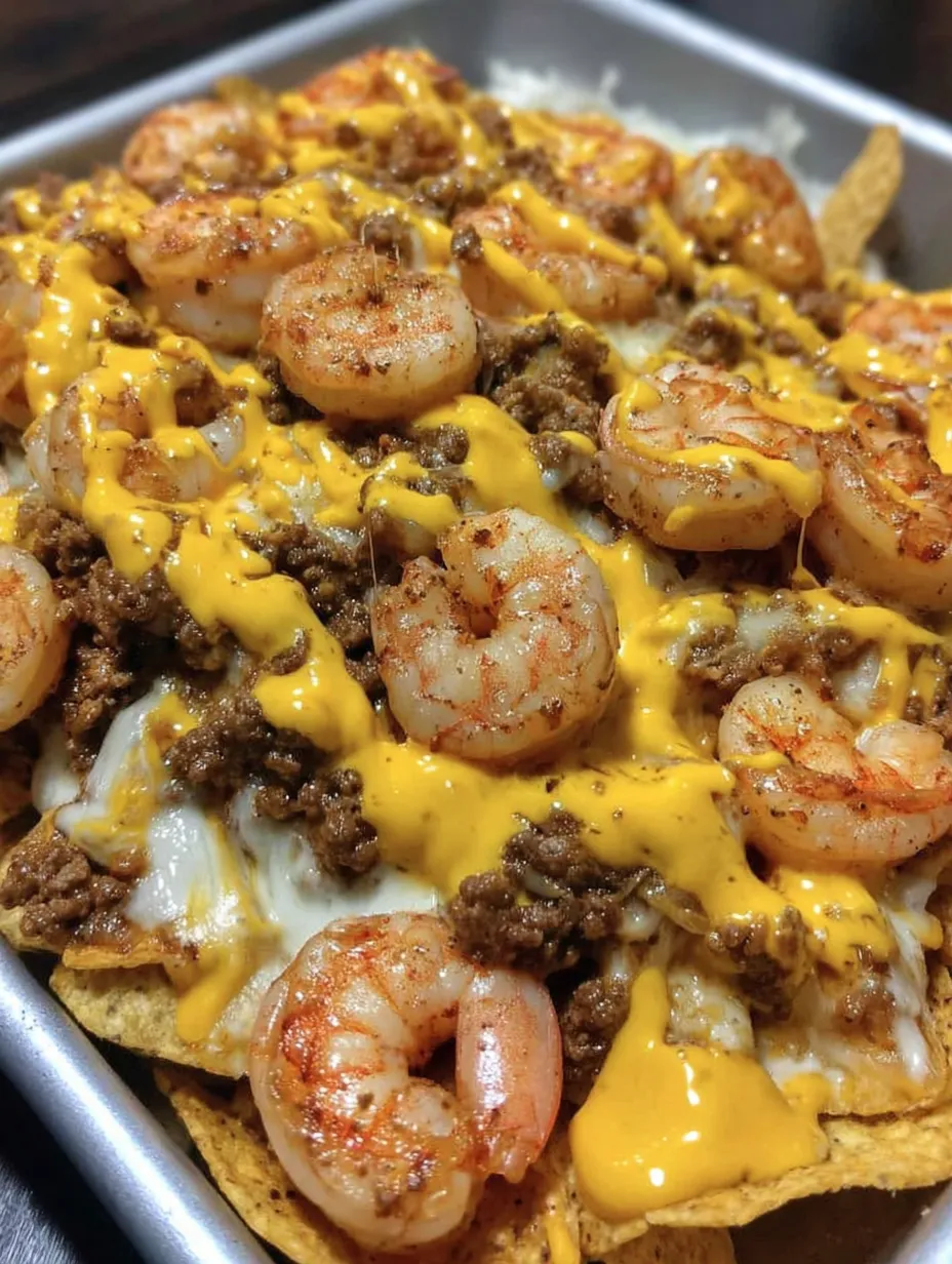 A dish of Southern Shrimp & Beef Loaded Nachos.