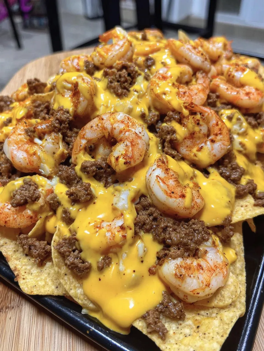 A plate of shrimp and beef nachos.
