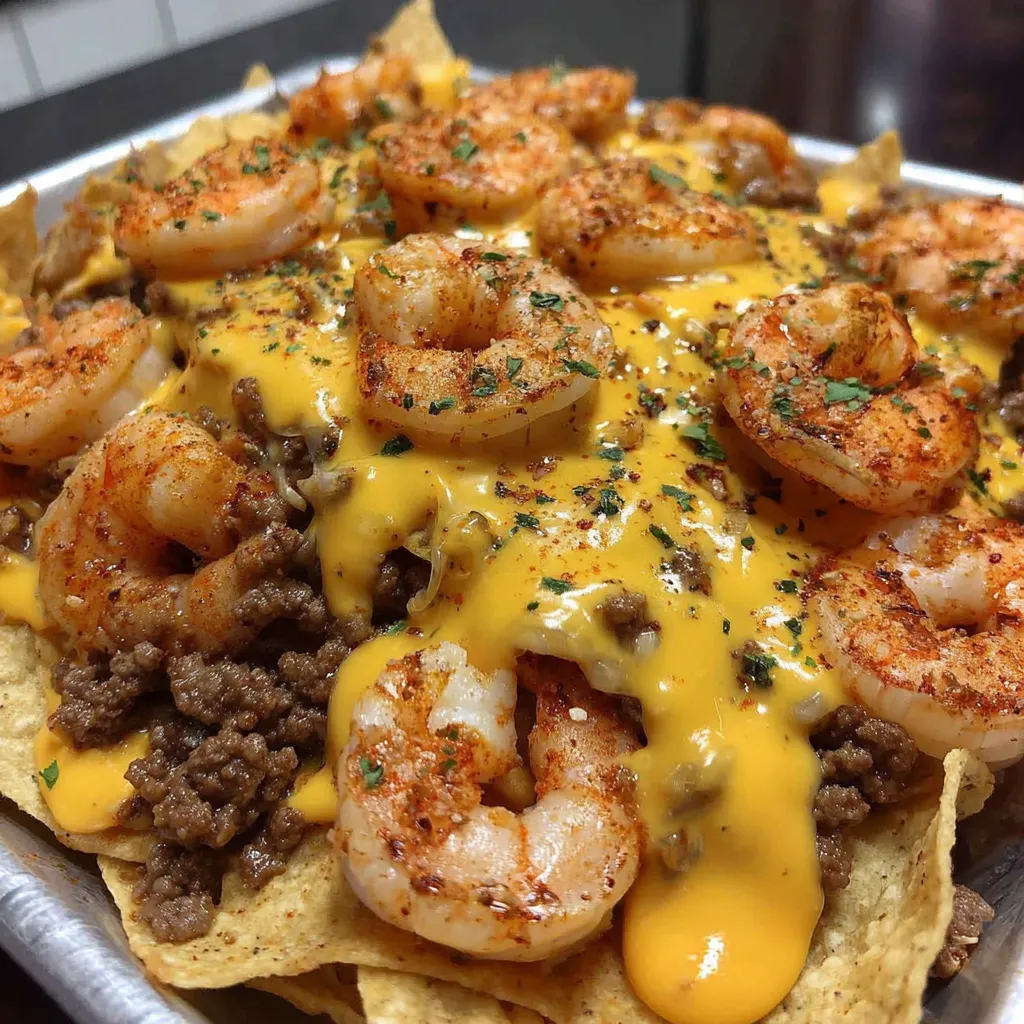 A plate of shrimp and beef nachos.