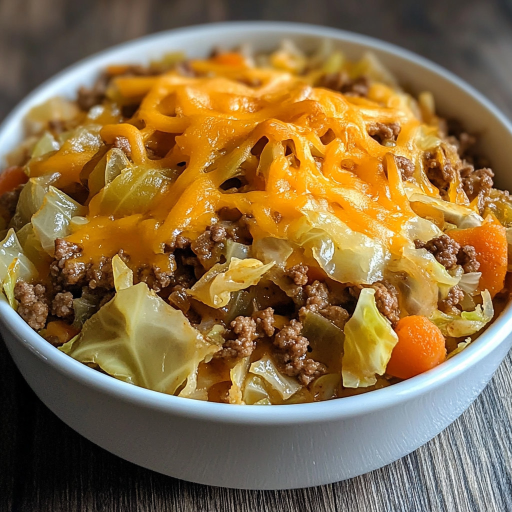A bowl of cheesy cabbage casserole.