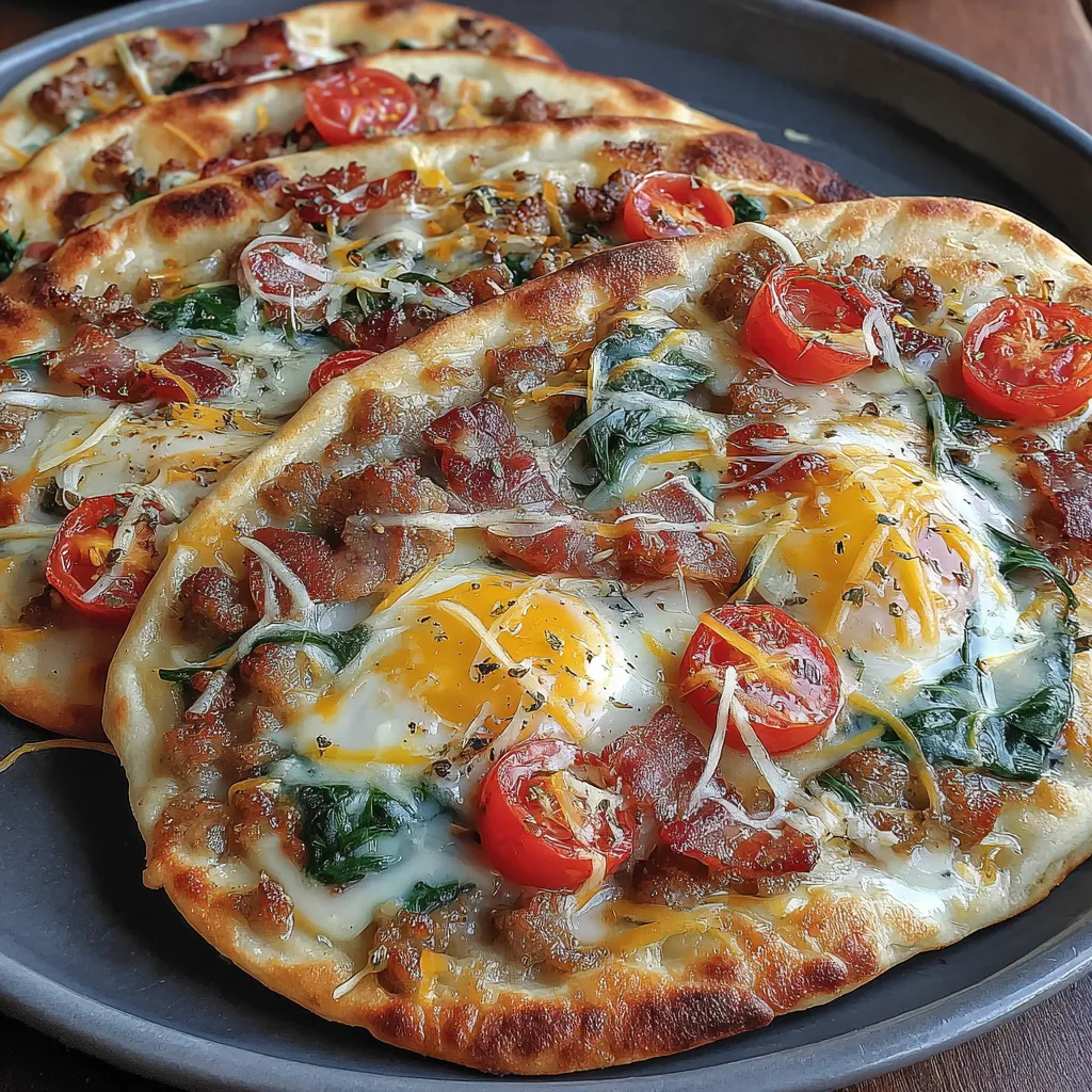 Breakfast flatbreads with eggs and tomatoes.