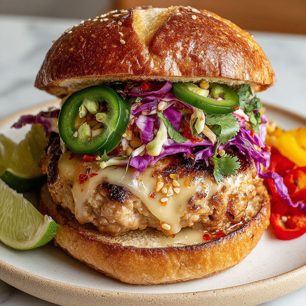 A Thai Sweet Chili Chicken Burger with lettuce, tomato, and pickles.