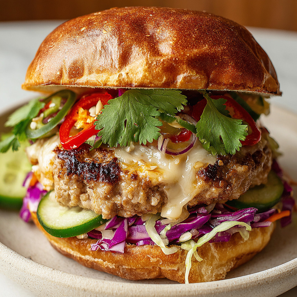 A Thai Sweet Chili Chicken Burger with lettuce, tomato, and cucumber.