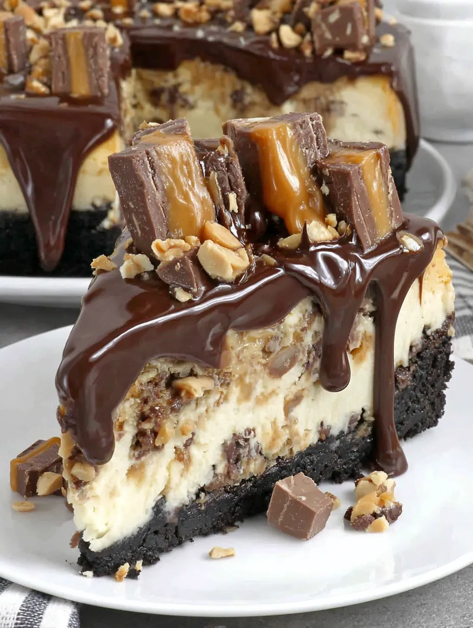 A slice of peanut butter snickers cheesecake.