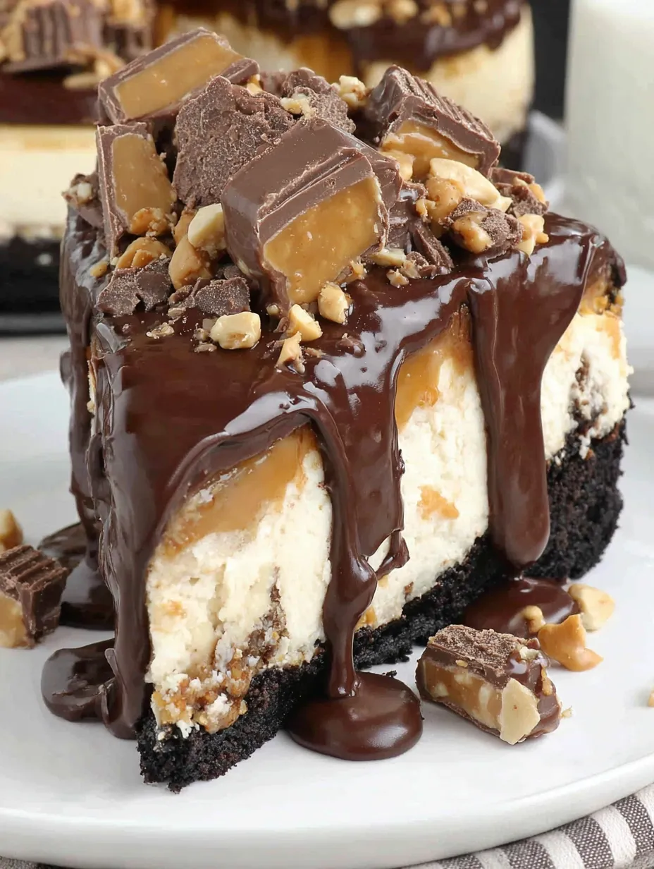 A slice of peanut butter snickers cheesecake.