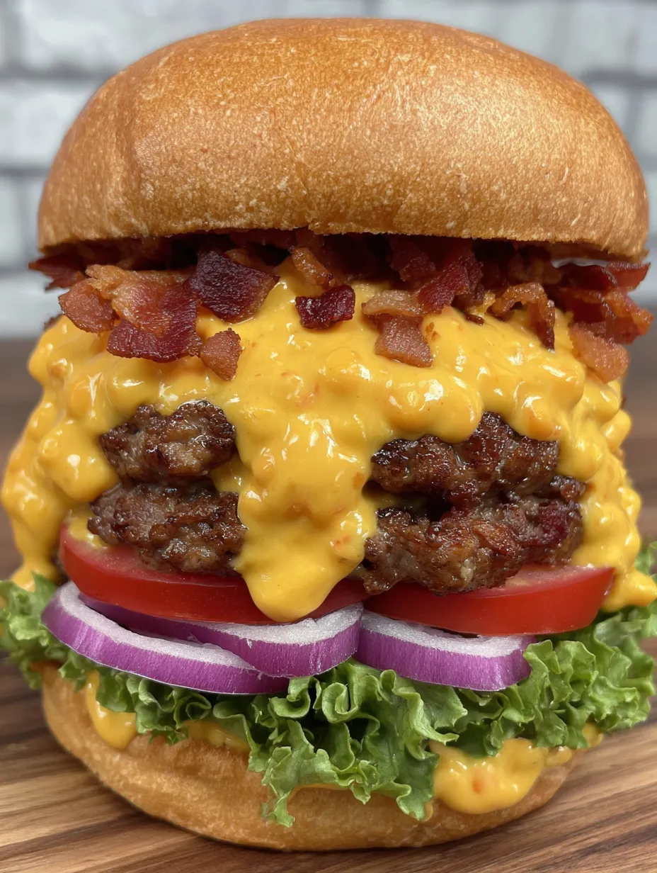 A close up of a bacon beer cheese burger.