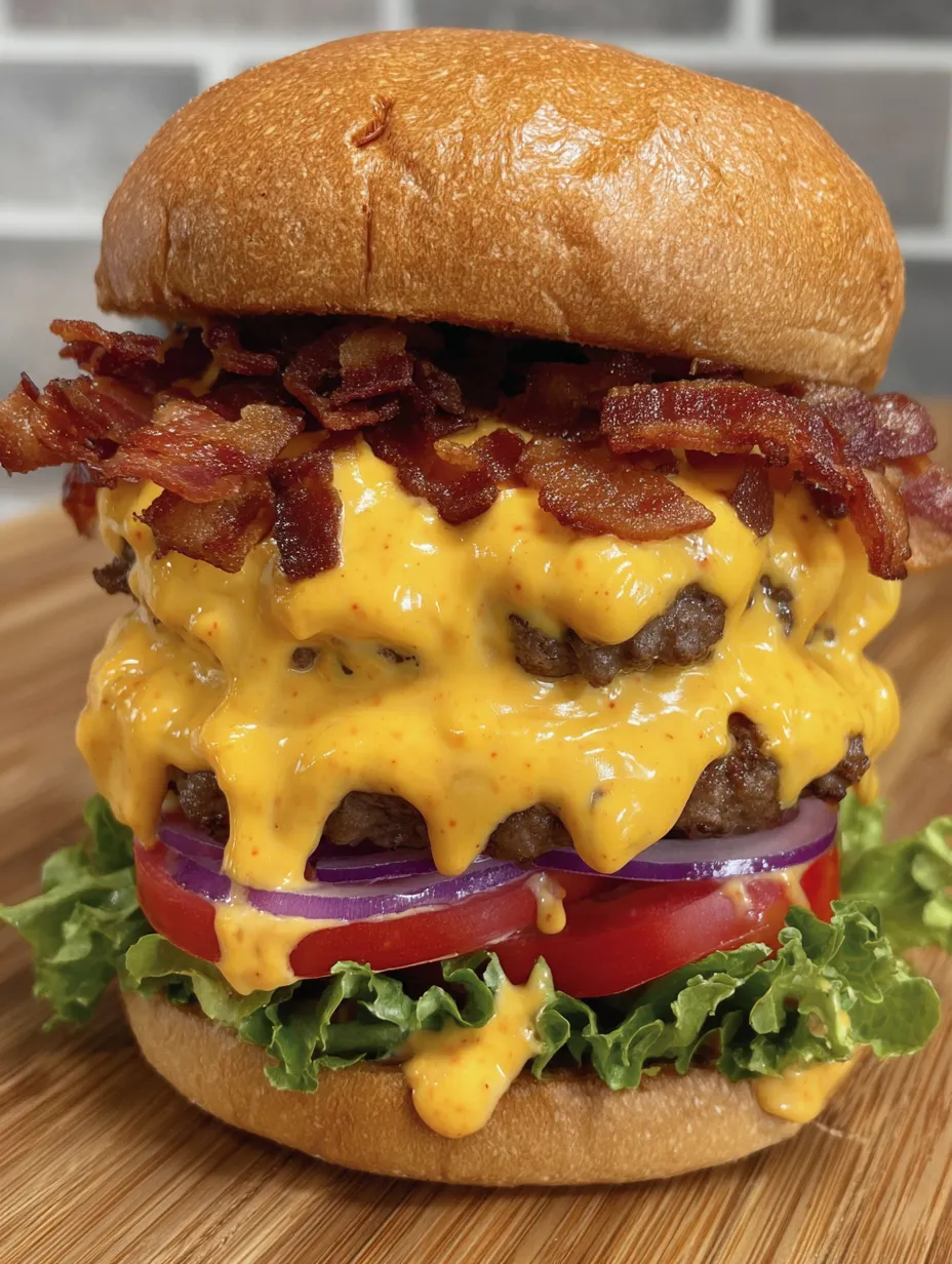 A close up of a bacon beer cheese burger.