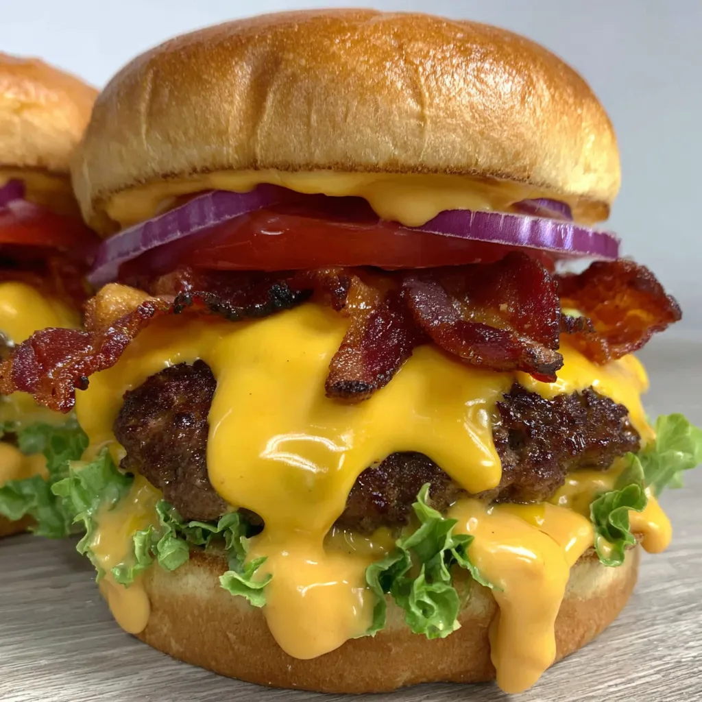 A close up of a bacon beer cheese burger.