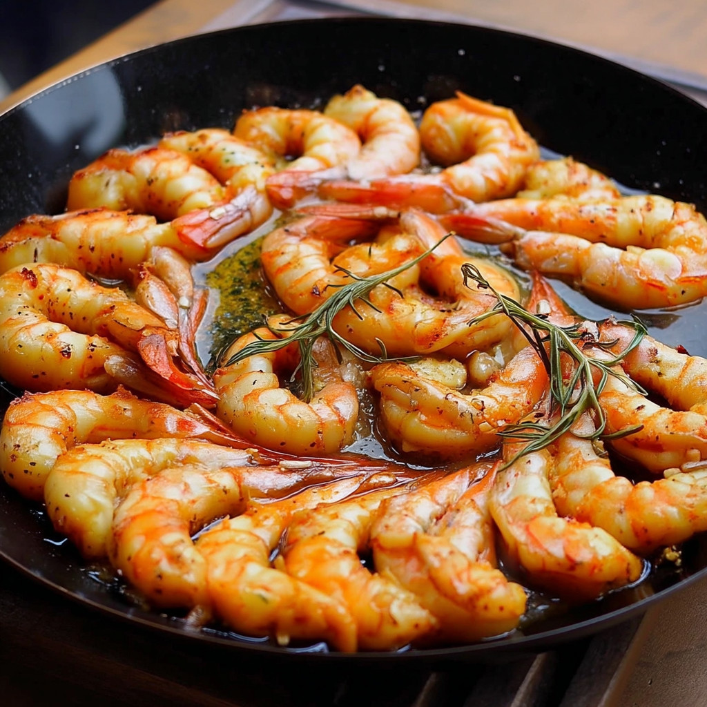 A pan of shrimp with garlic and herbs.