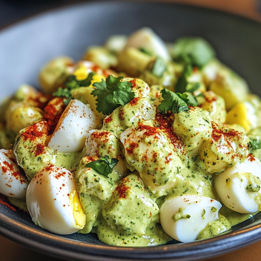 A bowl of creamy avocado egg salad.