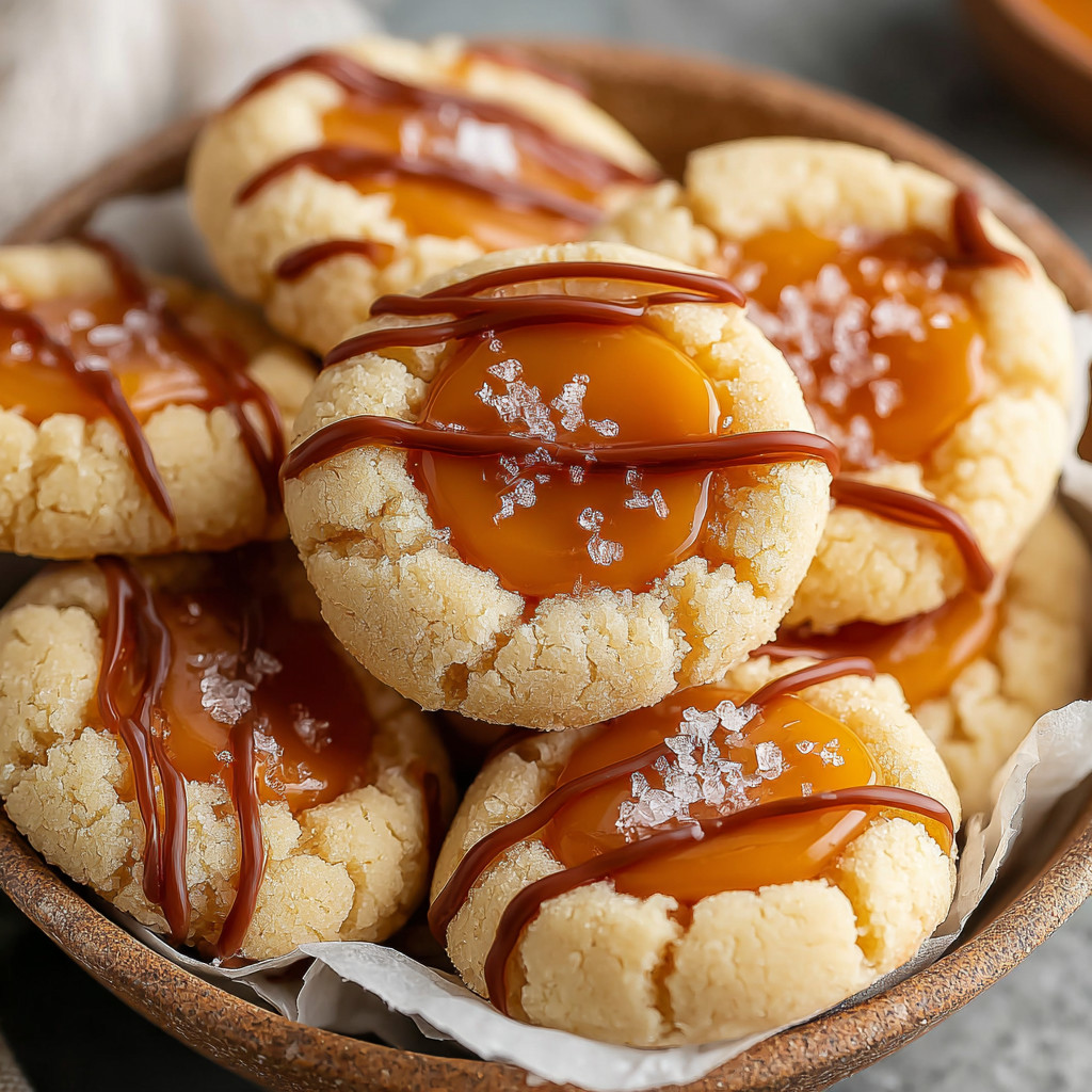 A plate of Twix Thumbprint Cookies.