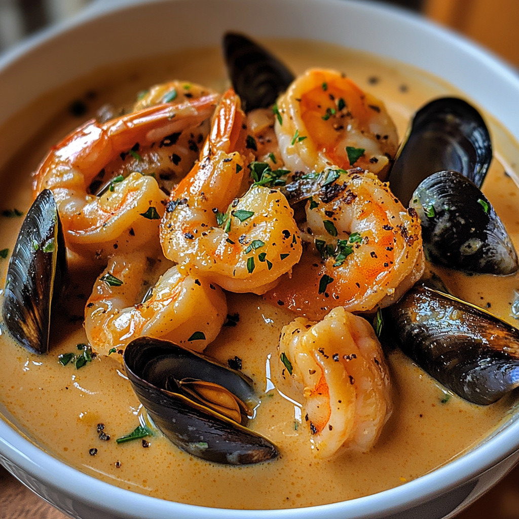 A bowl of shrimp and mussels in a creamy garlic sauce.