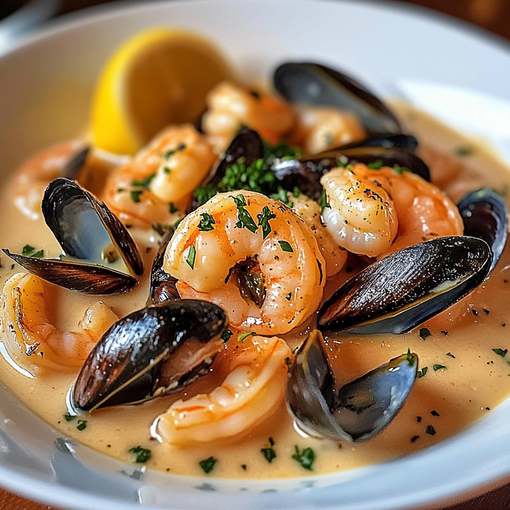 A bowl of shrimp and mussels in a creamy garlic sauce.