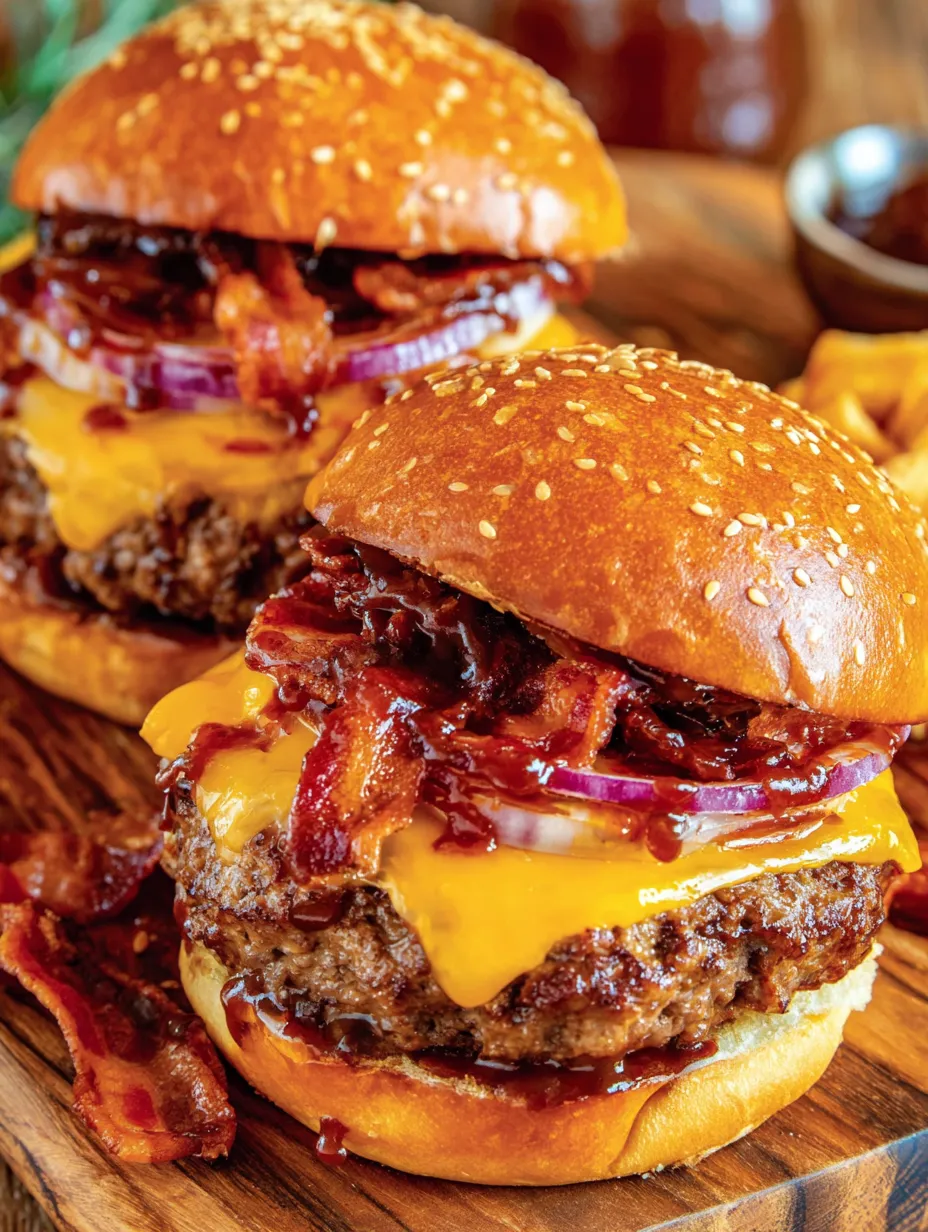 Two BBQ burgers with bacon and onions.