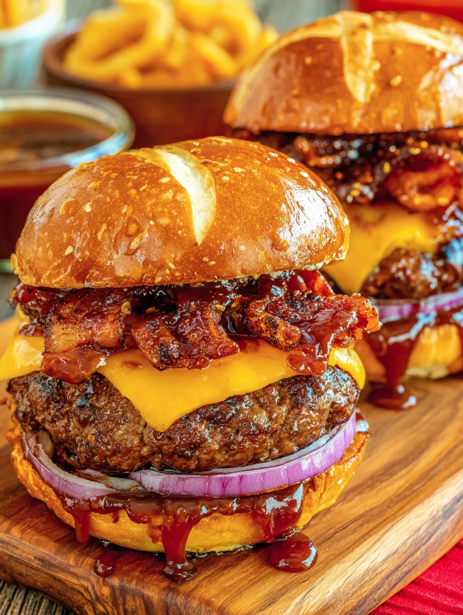 Two BBQ burgers on a wooden table.