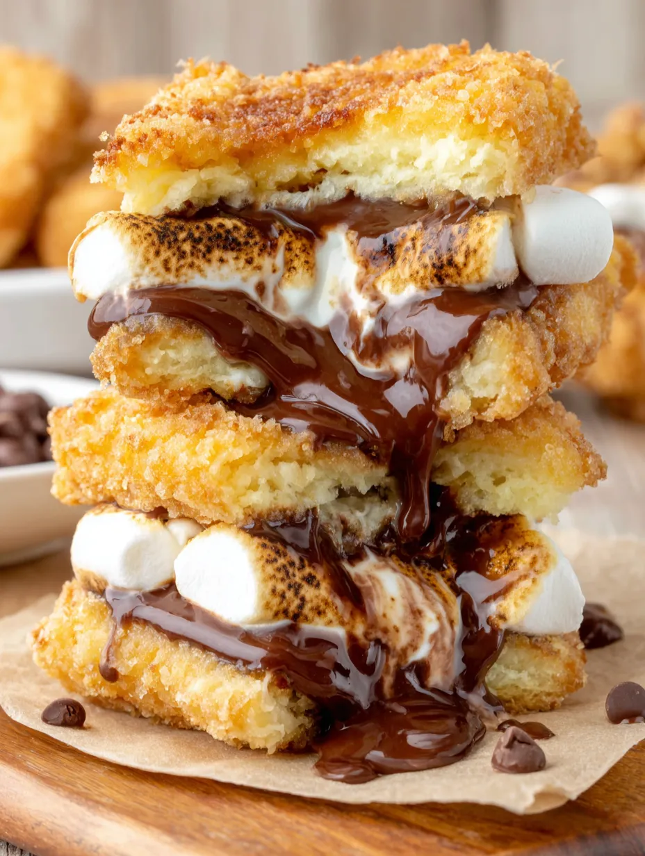 A stack of deep fried s'mores with chocolate drizzled on top.