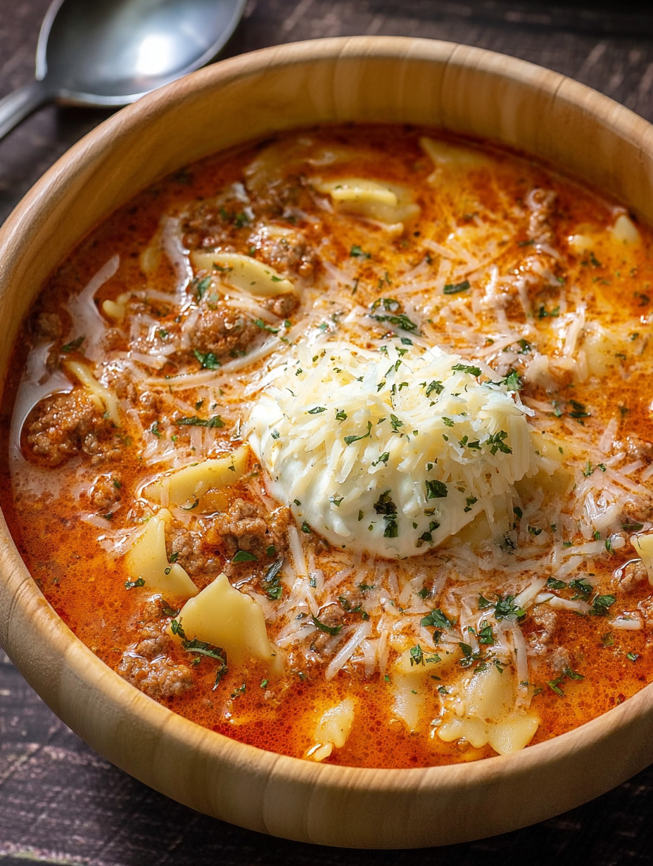 A bowl of lasagna soup with a dollop of cheese on top.